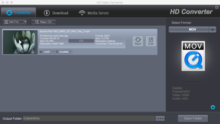 Главное окно Dimo HD Video Converter с вкладками Converter, Download и Media Server