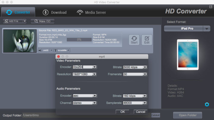 Настройки профиля Dimo HD Video Converter с параметрами видео и аудио