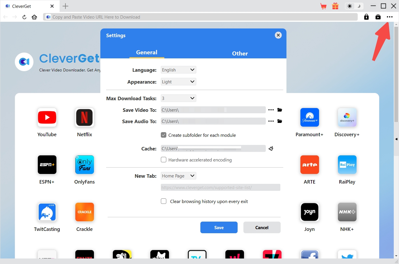 Окно Settings в CleverGet с основными параметрами программы