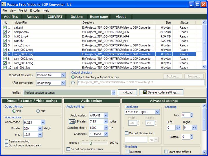 Главное окно Pazera Free Video to 3GP Converter 1.2 со списком файлов и настройками 3GP