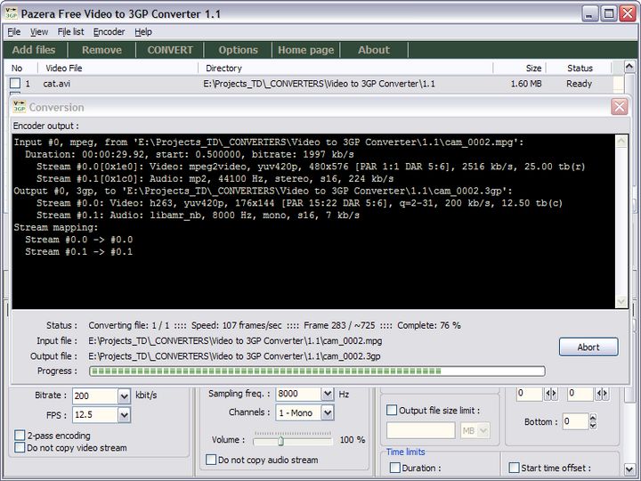 Окно конвертации Pazera Free Video to 3GP Converter с выводом FFmpeg и прогрессом