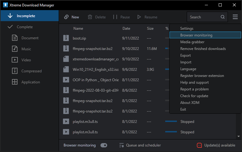 Главное окно Xtreme Download Manager 8 с раскрытым меню Browser monitoring, Media grabber, Import и Export