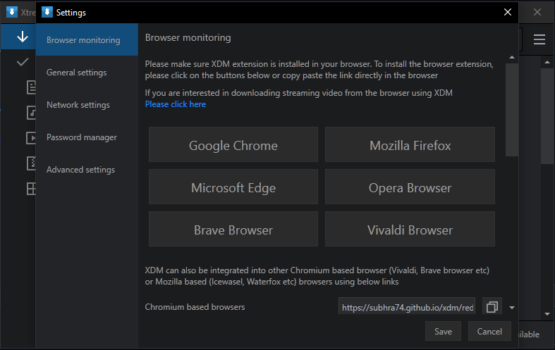 Окно Browser monitoring в Xtreme Download Manager 8 с вариантами интеграции браузеров