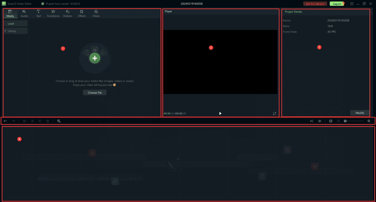 Главный интерфейс EaseUS Video Editor с медиабиблиотекой, окном предпросмотра, свойствами и таймлайном