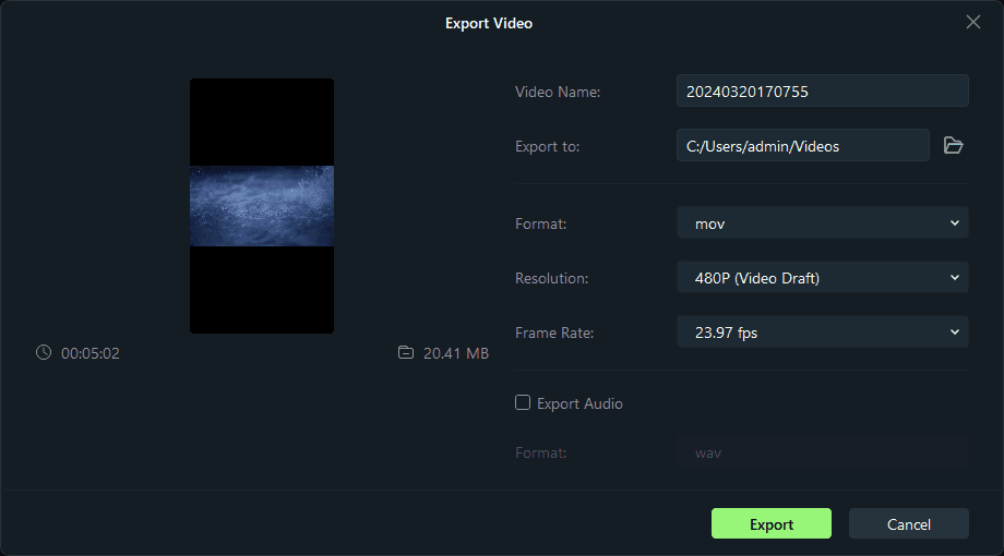 Окно экспорта видео в EaseUS Video Editor
