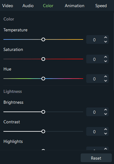 Панель цветовой коррекции EaseUS Video Editor