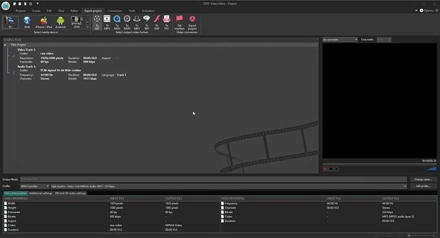 Рабочая область Export Project в VSDC Video Editor