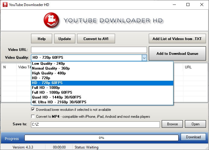 Youtube Downloader HD 4.3.3 с раскрытым списком качества видео
