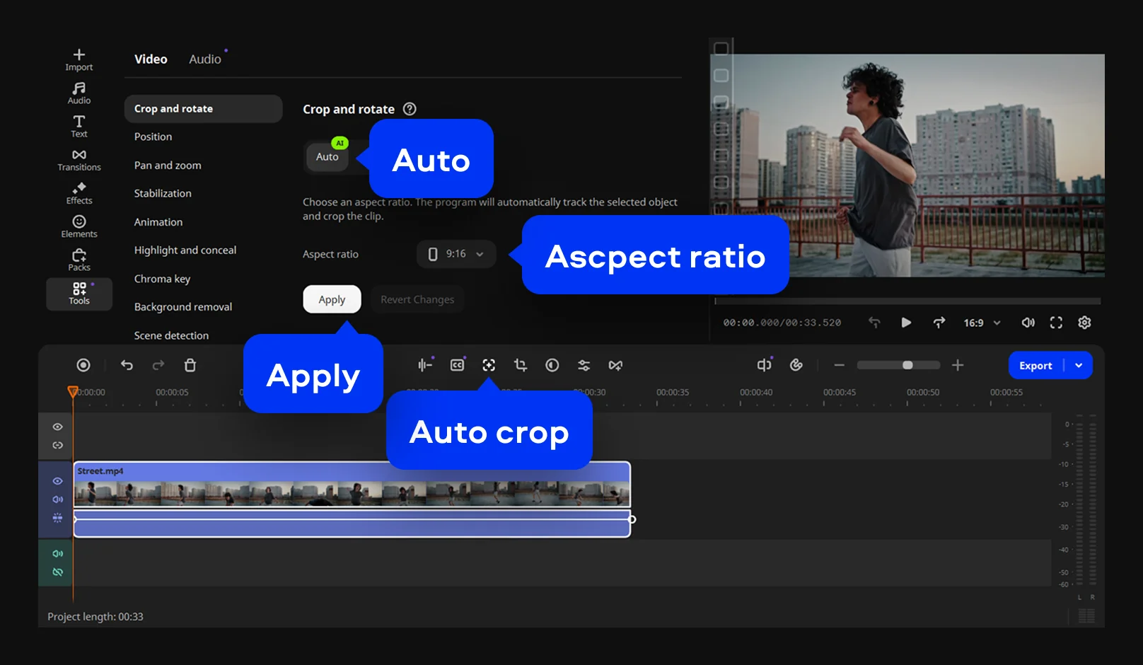 Инструмент Auto crop в Movavi Video Editor с выбором соотношения сторон