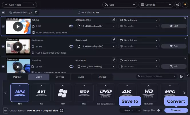 Поле Save to и кнопка Convert в главном окне Movavi Video Converter