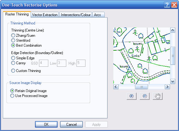 Окно One-Touch Vectorise Options в WinTopo Pro с выбором метода thinning и предпросмотром