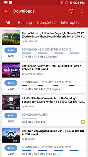 Исторический интерфейс Videoder на Android с функциями работы с медиаконтентом
