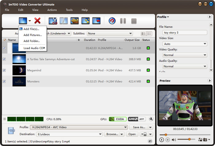 Список нескольких файлов и меню добавления в ImTOO Video Converter Ultimate