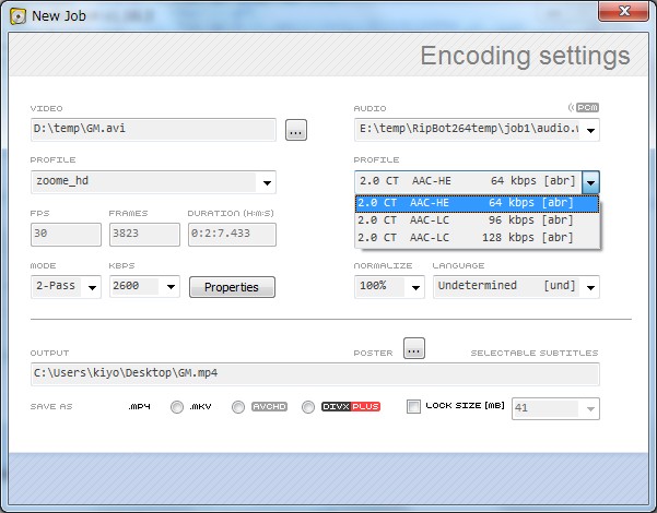 Архивное окно Encoding Settings RipBot264 с выбором профилей и контейнера