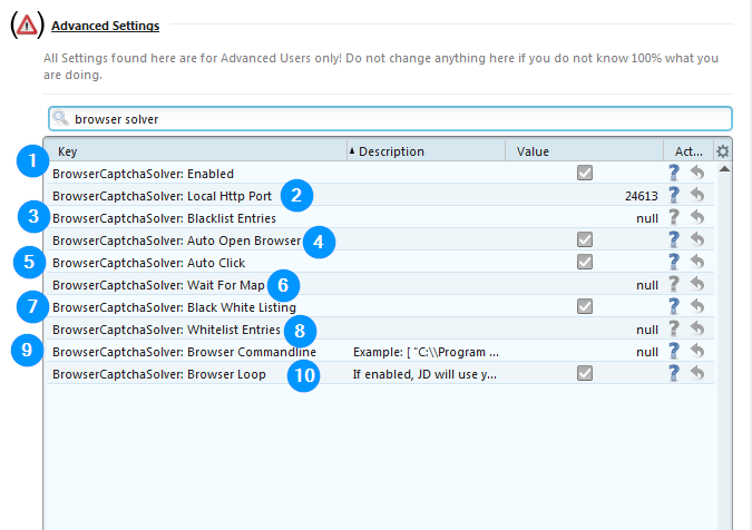 Расширенные настройки Browser Captcha Solver в JDownloader 2