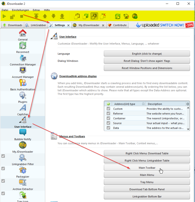 Окно настроек JDownloader 2 со списком разделов и вкладками Downloads, LinkGrabber и Settings