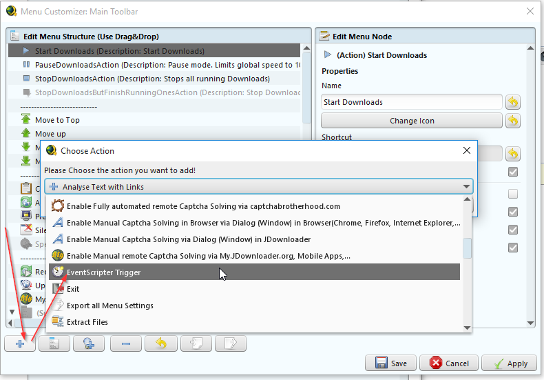 Настройка главной панели JDownloader 2 через Menu Customizer