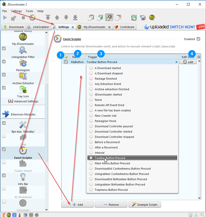 Раздел Event Scripter в настройках JDownloader 2