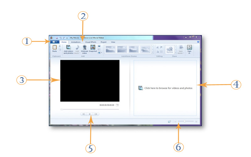 Схема основных зон интерфейса Windows Live Movie Maker 2011