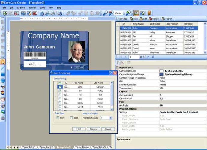 Окно Batch Printing в Easy Card Creator Professional