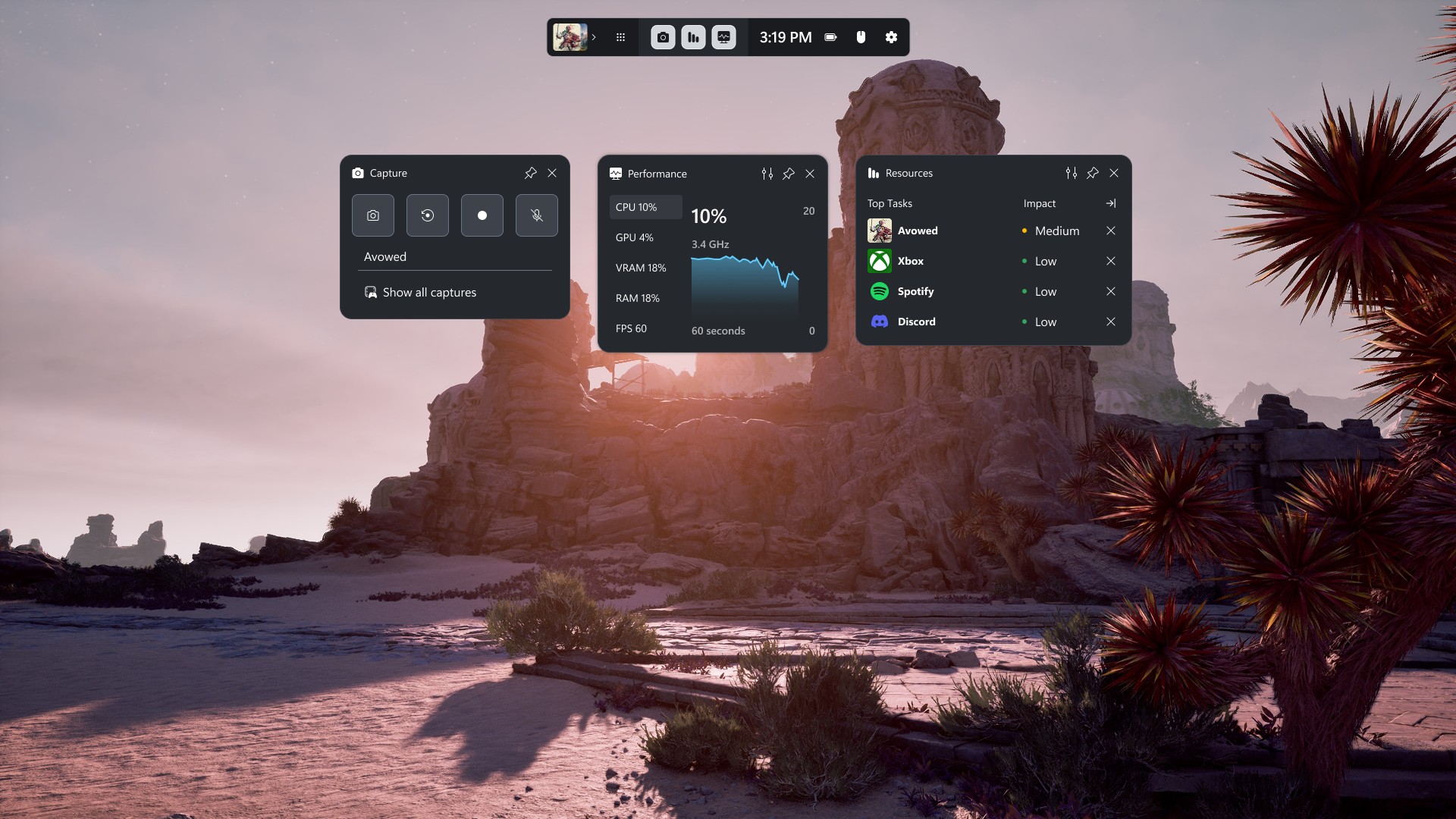 Интерфейс Game Bar с виджетами Capture, Performance и Resources поверх игры