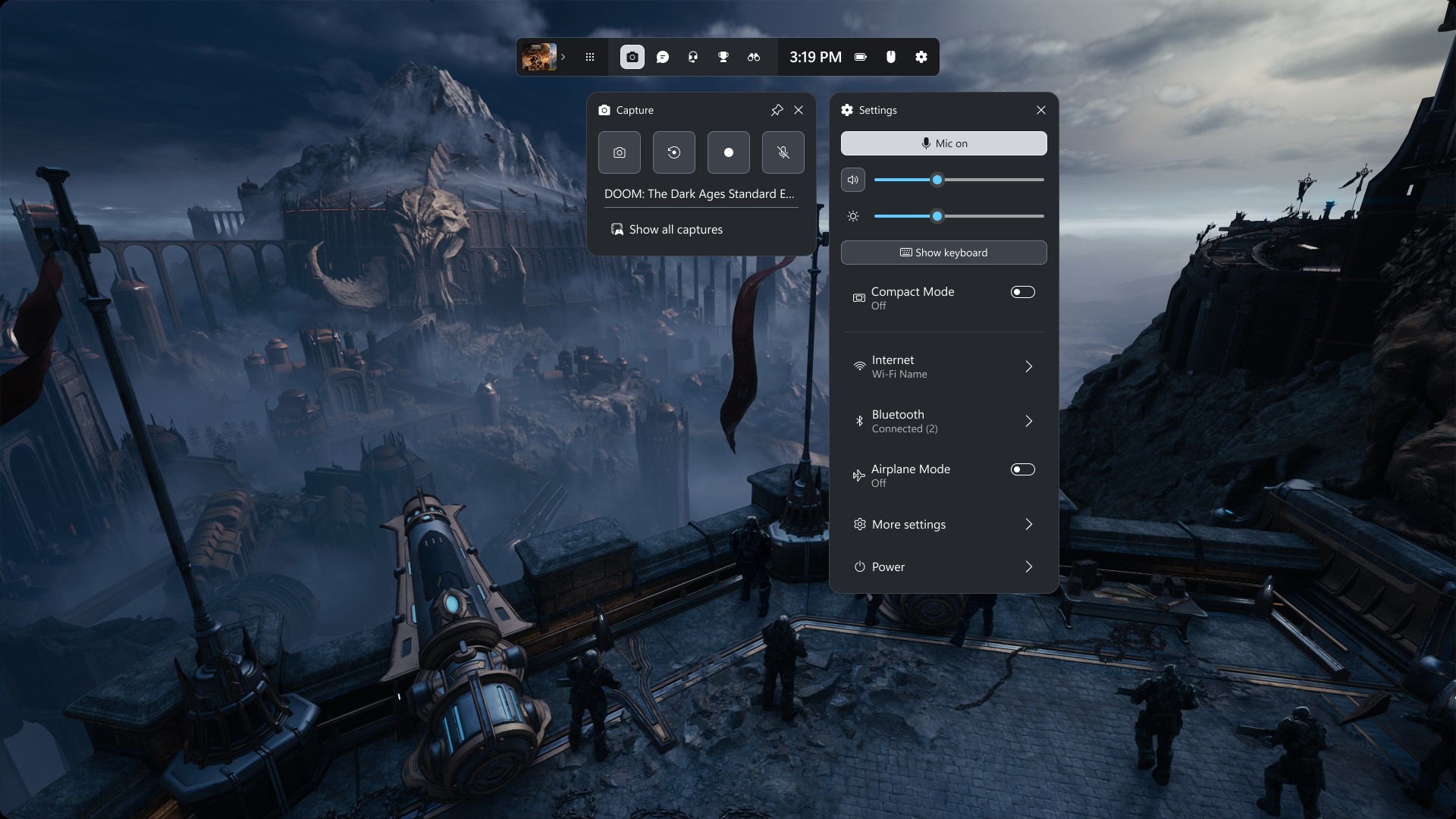 Game Bar с виджетами Capture и Settings с быстрыми настройками