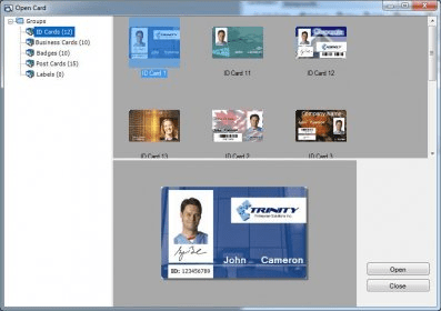 Окно Open Card в Easy Card Creator с группами и миниатюрами шаблонов