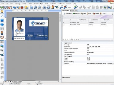 Easy Card Creator Enterprise с таблицей Cardholders и свойствами макета