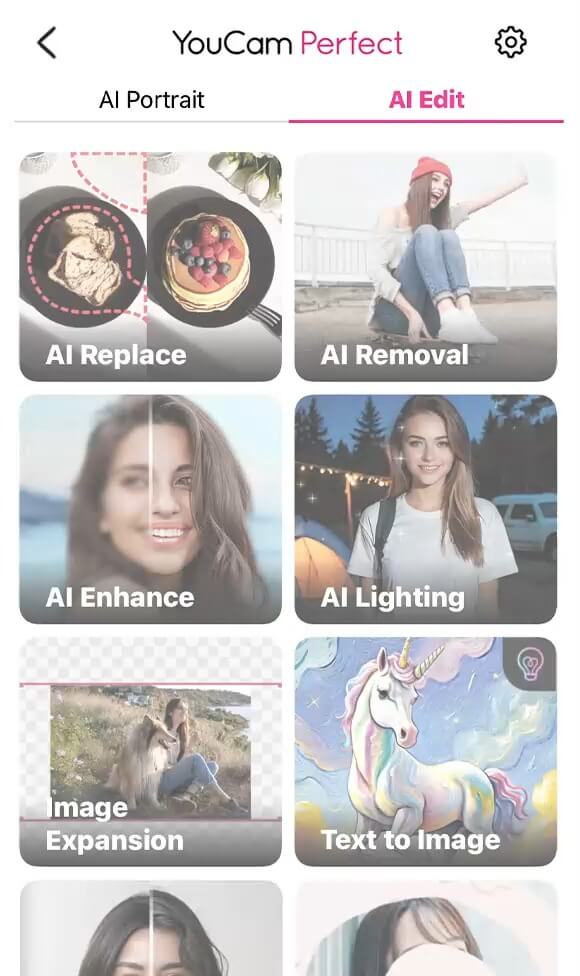 Раздел AI Edit приложения YouCam Perfect с плитками AI-инструментов