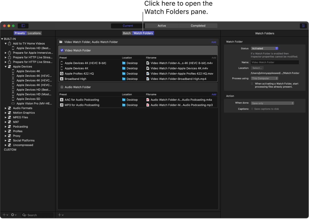 Watch Folders в интерфейсе Apple Compressor