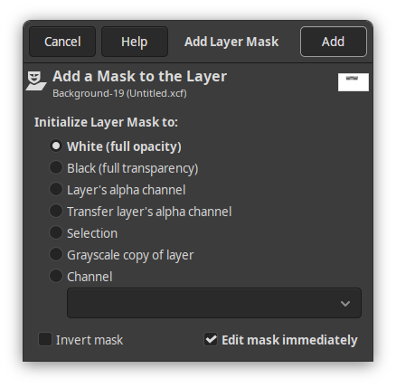 Диалог добавления маски слоя в GIMP 3.2