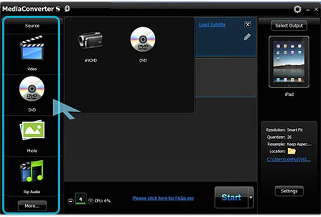 Интерфейс ArcSoft MediaConverter 8 с источниками, очередью и профилем iPad
