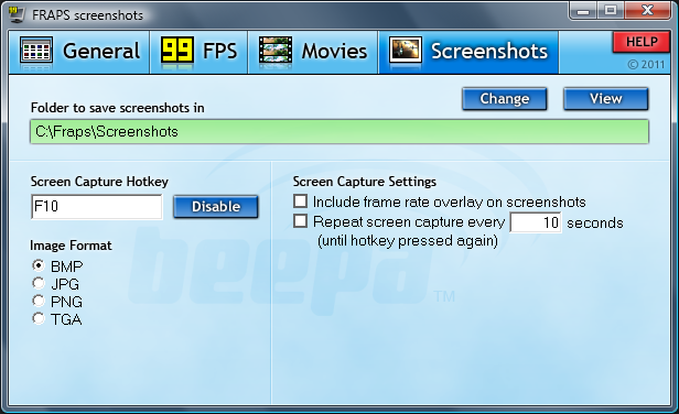 Вкладка Screenshots в Fraps с форматами BMP JPG PNG TGA и повторным захватом