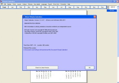 Окно About Simply Calenders с номером версии и данными Skerryvore Software