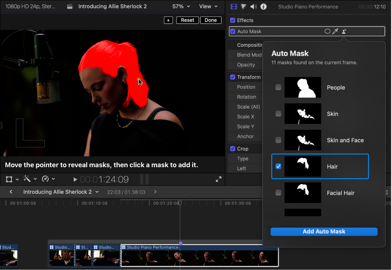 Выбор автоматически распознанных областей человека в Auto Mask Final Cut Pro