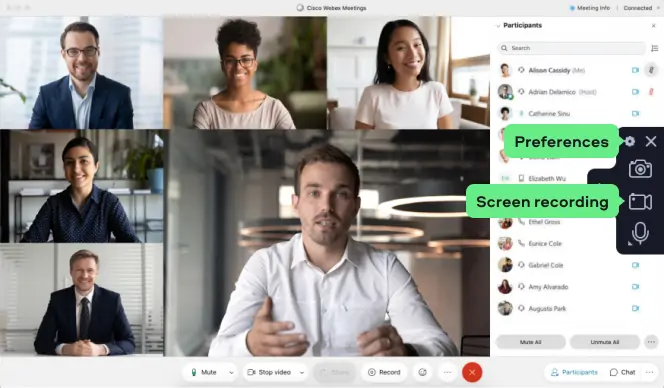 Боковая панель Movavi Screen Recorder с пунктами Preferences и Screen recording поверх окна видеовстречи