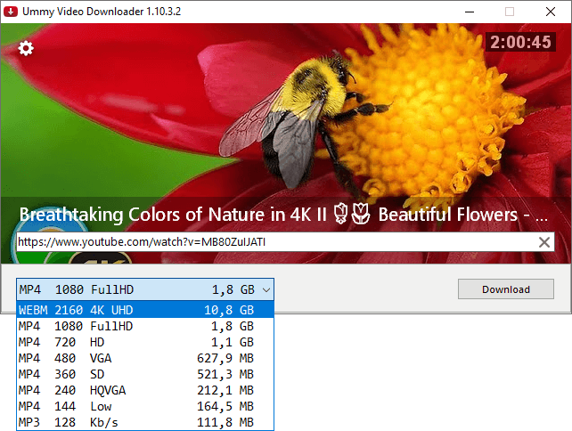 Список вариантов качества и формата в Ummy Video Downloader