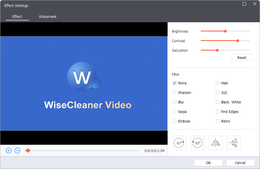 Окно эффектов Wise Video Converter с яркостью, контрастом, насыщенностью, фильтрами и поворотом