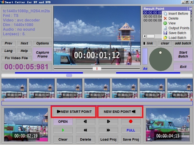 Кнопки New Start Point и New End Point в Smart Cutter for DV and DVB