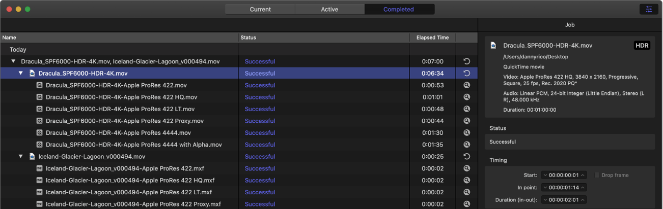 Представление Completed в Apple Compressor с завершёнными заданиями