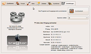 Настройки TraGtor с информацией о версиях и языке