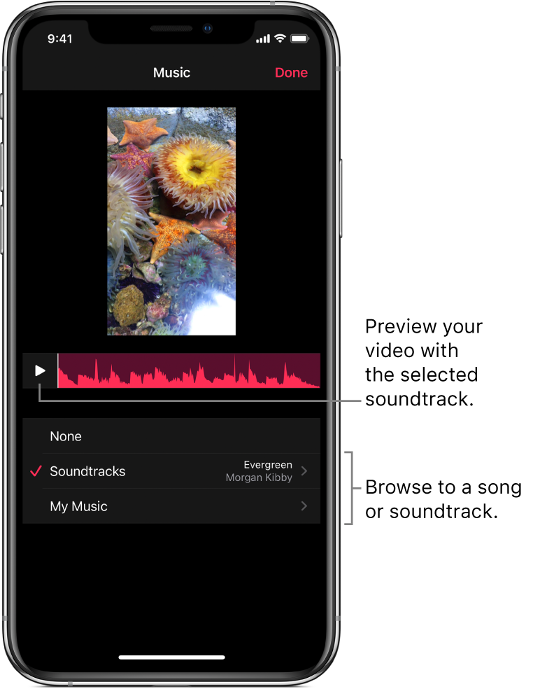 Раздел Music в Apple Clips с выбором Soundtracks и My Music