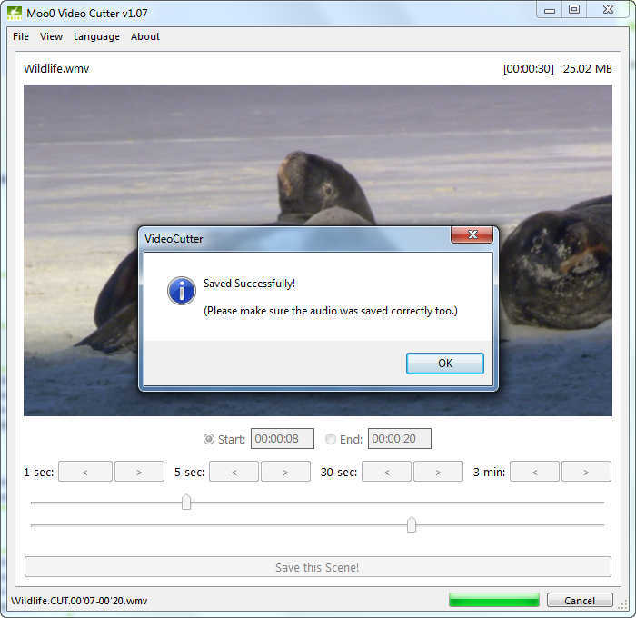 Moo0 Video Cutter версии 1.07 после успешного сохранения вырезанного фрагмента