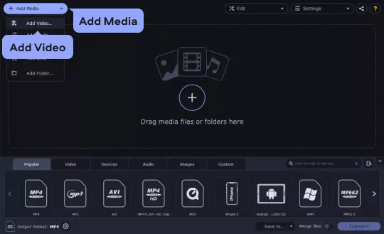 Главное окно Movavi Video Converter с меню Add Media и областью добавления файлов