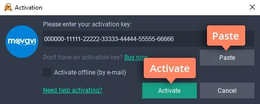 Окно активации Gecata by Movavi с полем для ключа и кнопкой Activate