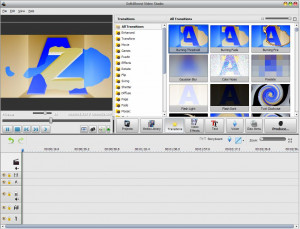 Рабочее окно Soft4Boost Video Studio с предпросмотром, библиотекой переходов и временной шкалой