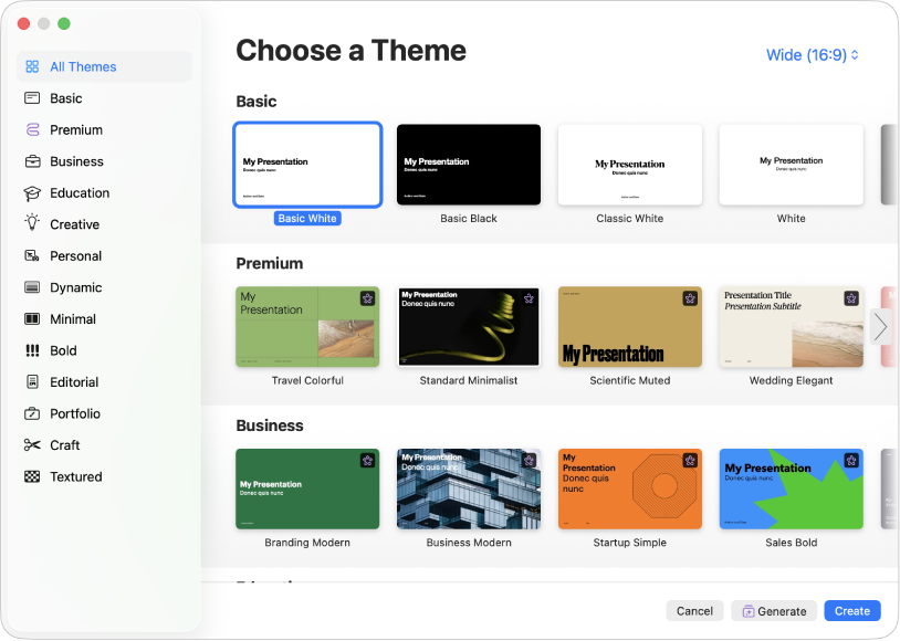 Окно выбора темы в Apple Keynote на Mac с обычными и Premium-темами