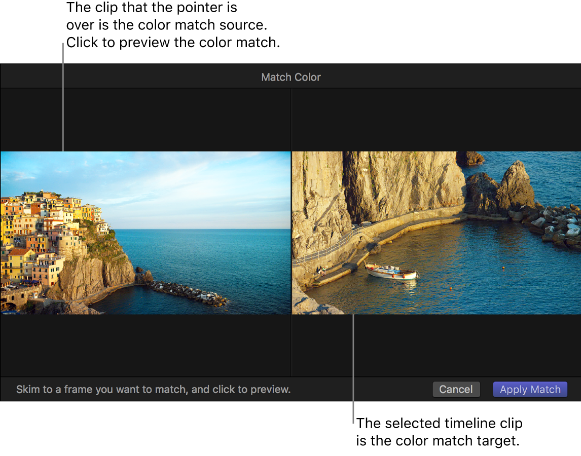 Сопоставление исходного и целевого кадров в инструменте Match Color Final Cut Pro