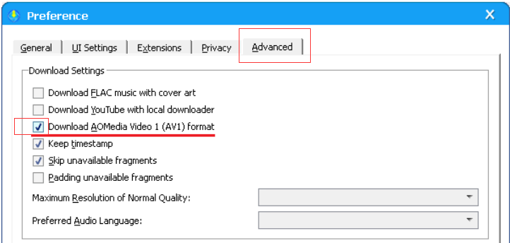 Расширенные настройки Allavsoft с опцией загрузки AV1 и максимальным разрешением