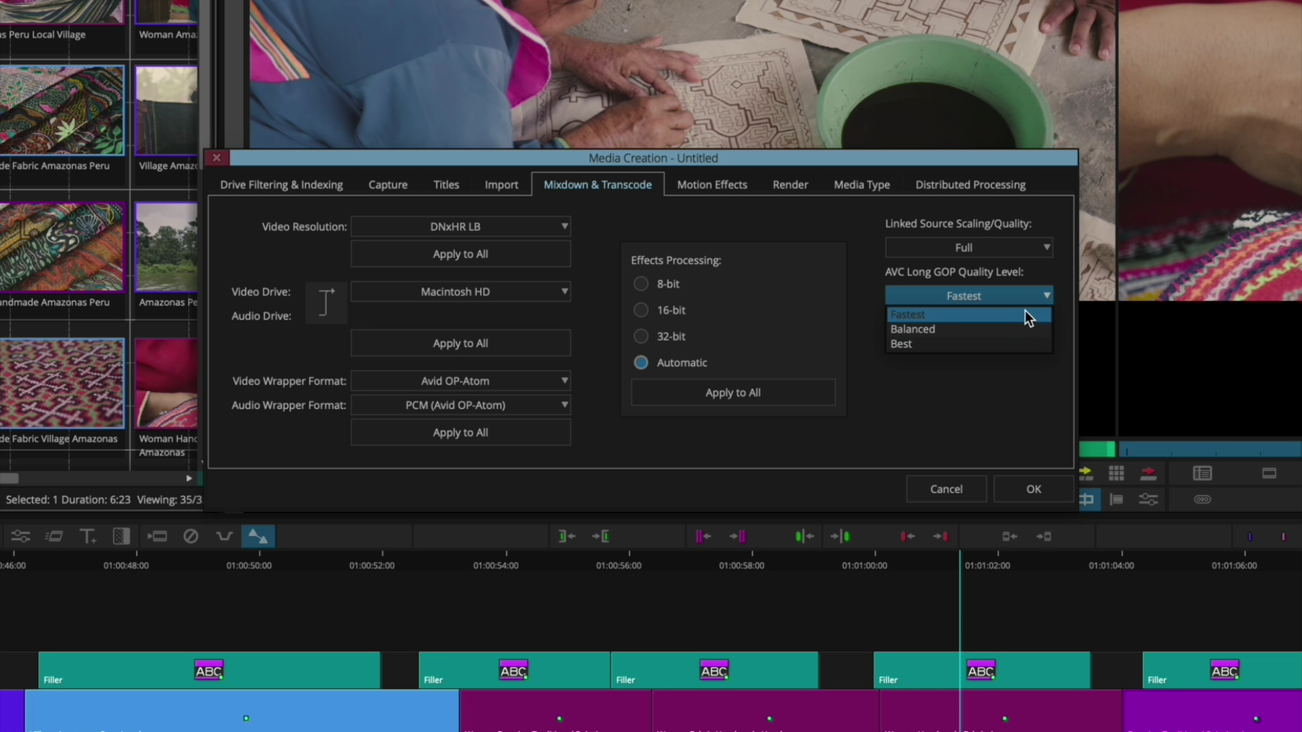 Окно Media Creation в Avid Media Composer с настройками Mixdown and Transcode и качеством обработки AVC Long GOP